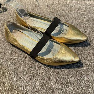 Marc Jacobs Halsey Leather Pointed Ballet Flats Metallic Gold Black With Strap